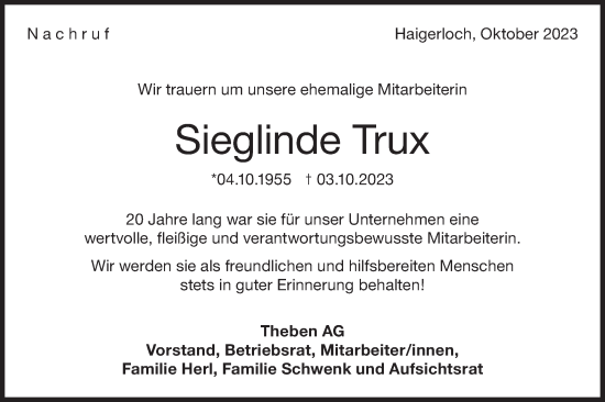 Traueranzeige von Sieglinde Trux von Hohenzollerische Zeitung