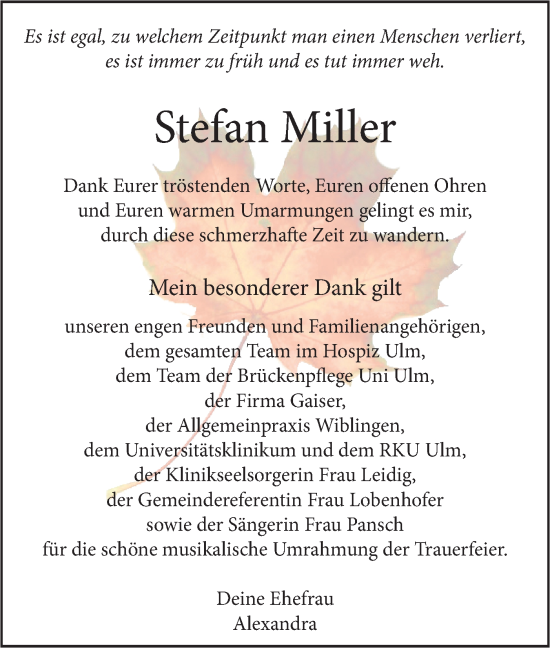 Traueranzeige von Stefan Miller von SÜDWEST PRESSE Ausgabe Ulm/Neu-Ulm