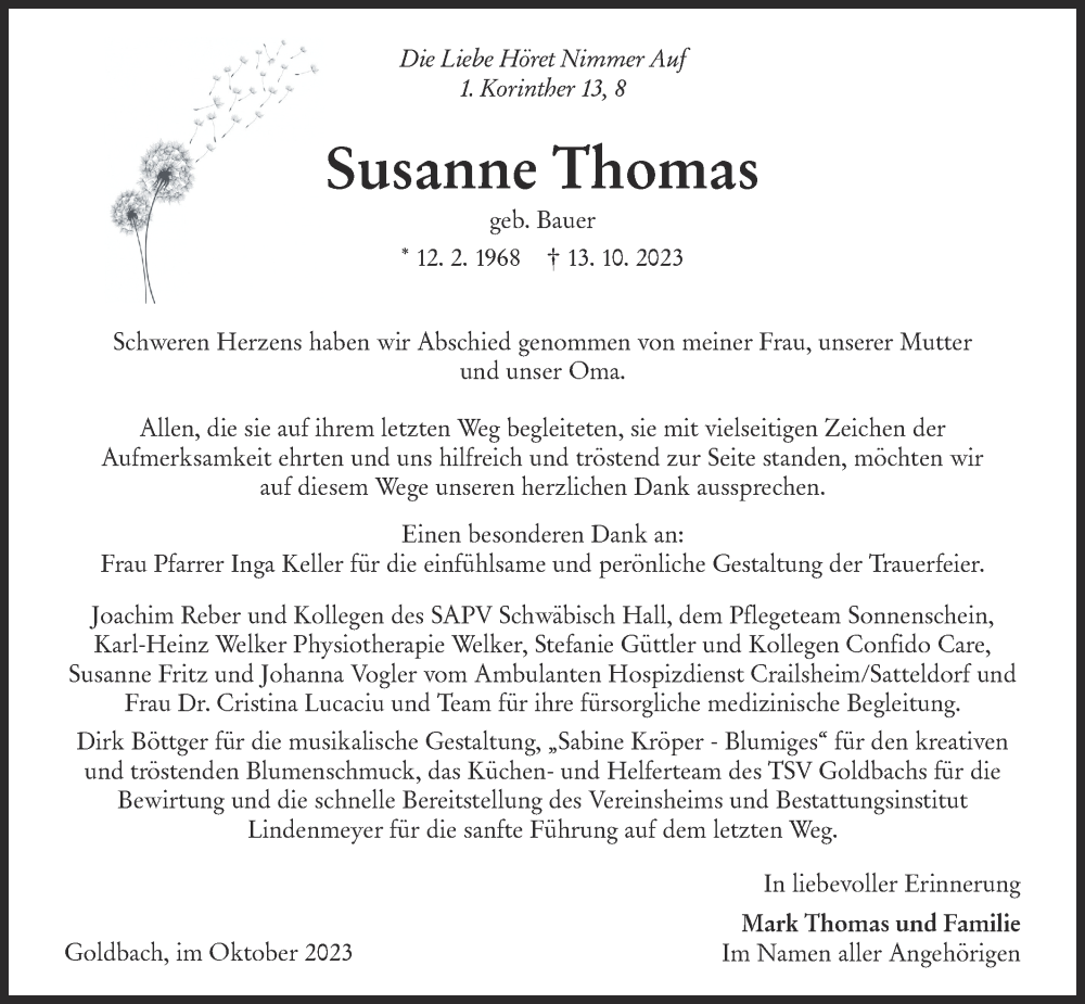  Traueranzeige für Susanne Thomas vom 28.10.2023 aus Hohenloher Tagblatt