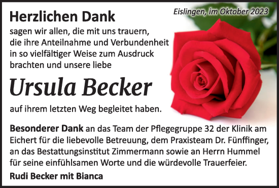 Traueranzeige von Ursula Becker von NWZ Neue Württembergische Zeitung