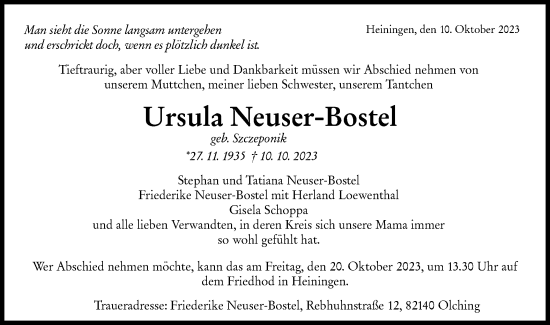 Traueranzeige von Ursula Neuser-Bostel von NWZ Neue Württembergische Zeitung