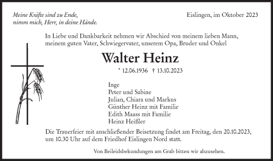 Traueranzeige von Walter Heinz von NWZ Neue Württembergische Zeitung