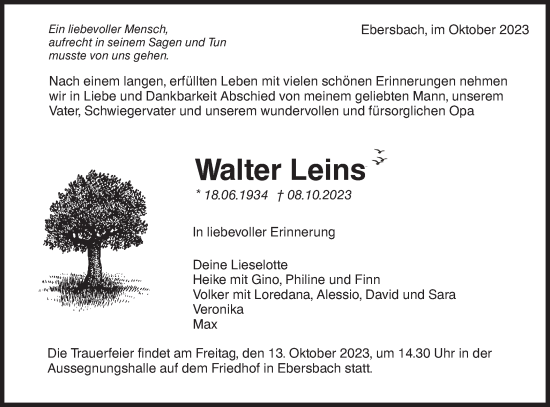 Traueranzeige von Walter Leins von NWZ Neue Württembergische Zeitung