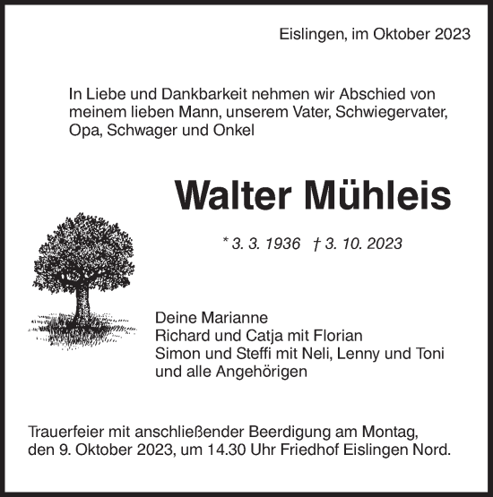 Traueranzeige von Walter Mühleis von NWZ Neue Württembergische Zeitung