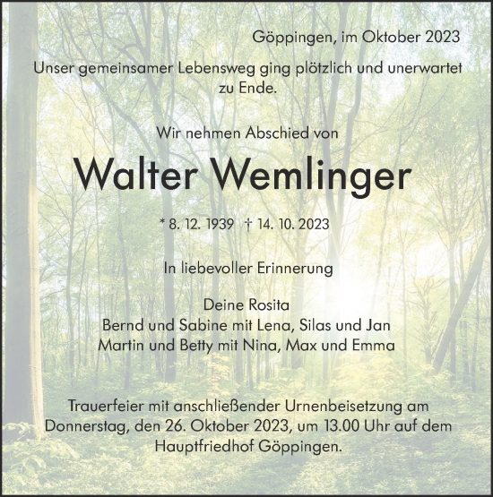 Traueranzeige von Walter Wemlinger von NWZ Neue Württembergische Zeitung