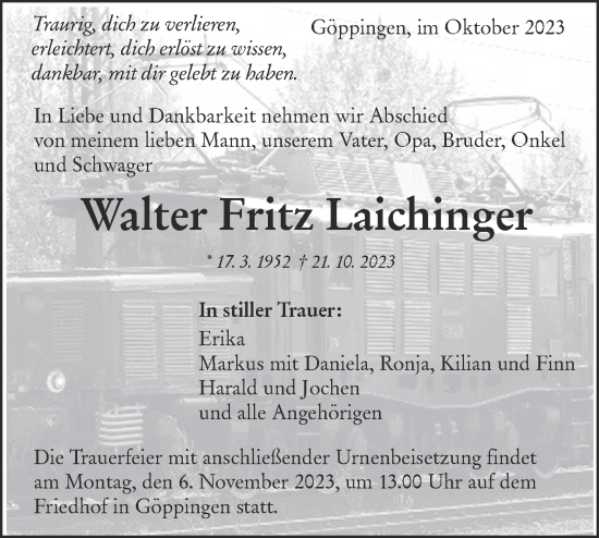 Traueranzeige von Walter Fritz Laichinger von NWZ Neue Württembergische Zeitung