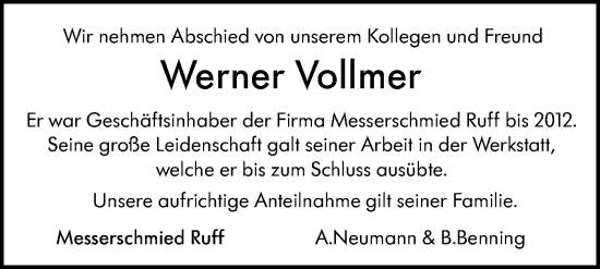 Traueranzeige von Werner Vollmer von SÜDWEST PRESSE Ausgabe Ulm/Neu-Ulm