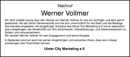 Traueranzeige von Werner Vollmer von SÜDWEST PRESSE Ausgabe Ulm/Neu-Ulm