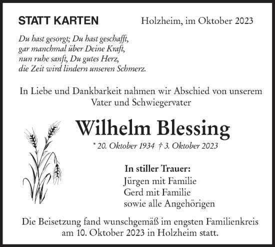 Traueranzeige von Wilhelm Blessing von NWZ Neue Württembergische Zeitung