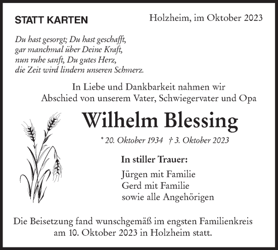 Traueranzeige von Wilhelm Blessing von NWZ Neue Württembergische Zeitung