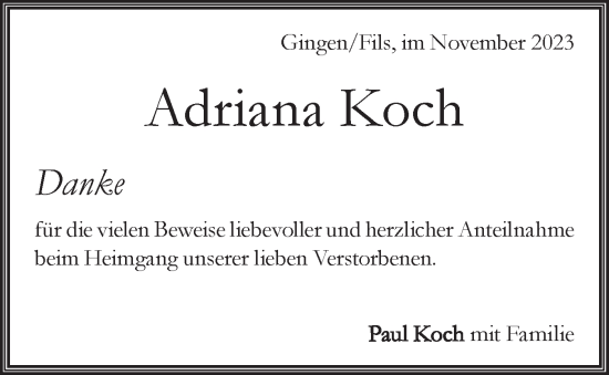 Traueranzeige von Adriana Koch von Geislinger Zeitung