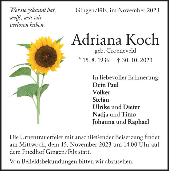 Traueranzeige von Adriana Koch von Geislinger Zeitung