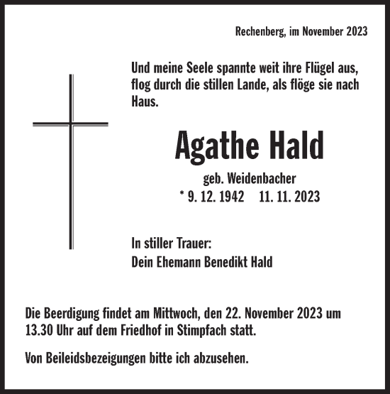 Traueranzeige von Agathe Hald von Hohenloher Tagblatt