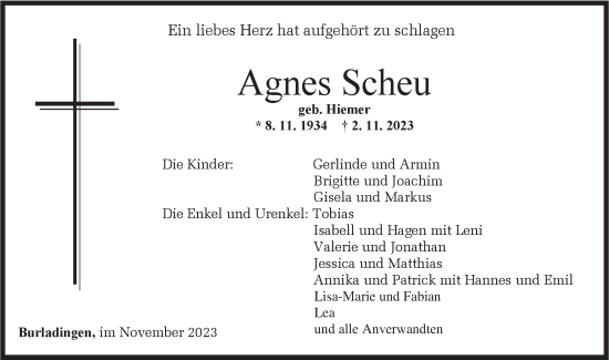 Traueranzeige von Agnes Scheu von Hohenzollerische Zeitung