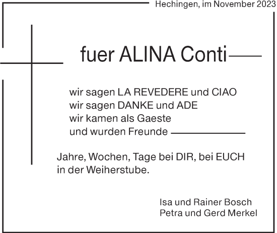 Traueranzeige von Alina Conti von Hohenzollerische Zeitung