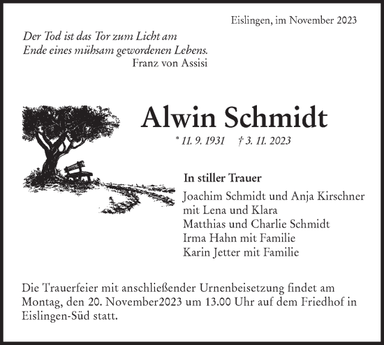 Traueranzeige von Alwin Schmidt von NWZ Neue Württembergische Zeitung