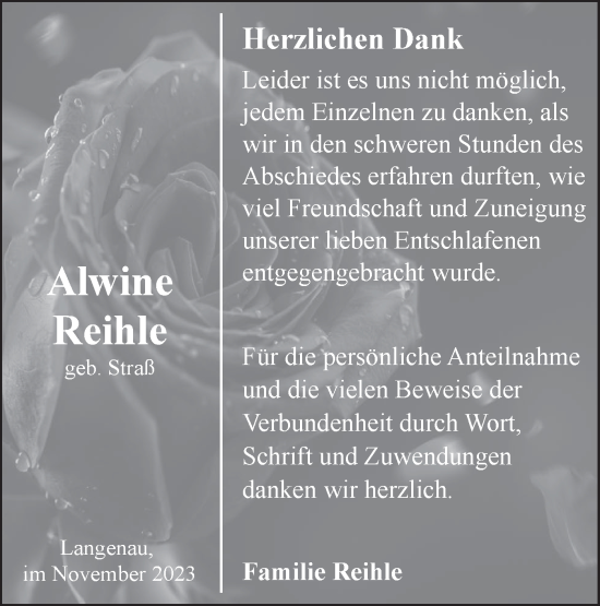 Traueranzeige von Alwine Reihle von SÜDWEST PRESSE Ausgabe Ulm/Neu-Ulm