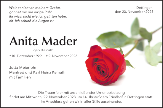 Traueranzeige von Anita Mader von SÜDWEST PRESSE/SÜDWEST PRESSE