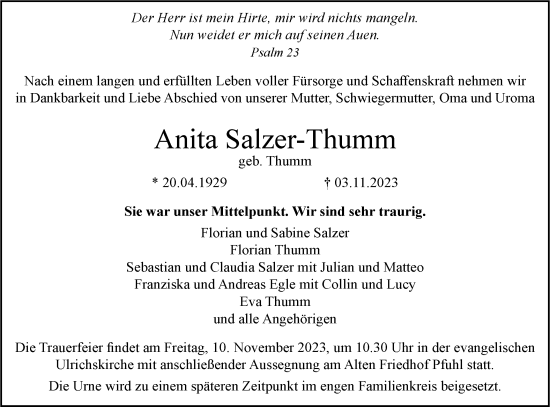 Traueranzeige von Anita Salzer-Thumm von SÜDWEST PRESSE Ausgabe Ulm/Neu-Ulm