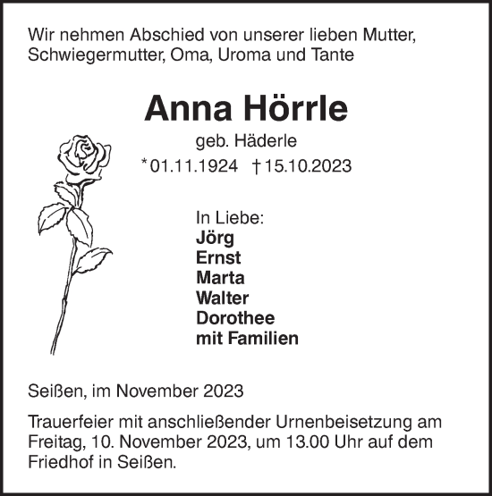 Traueranzeige von Anna Hörrle von Das Blaumännle