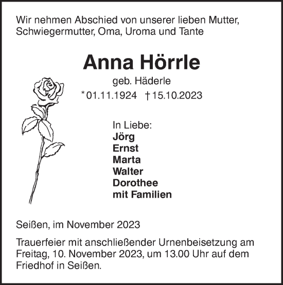 Traueranzeige von Anna Hörrle von SÜDWEST PRESSE Ausgabe Ulm/Neu-Ulm