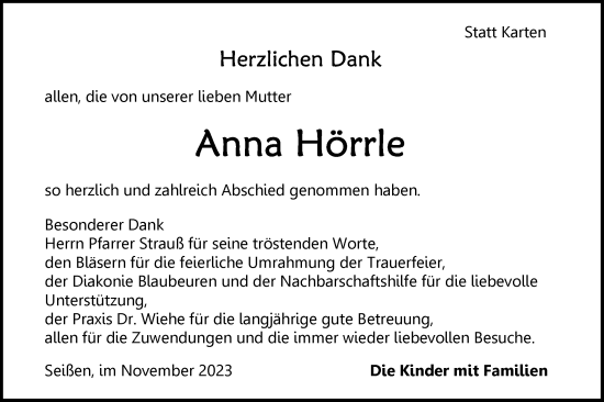 Traueranzeige von Anna Hörrle von Das Blaumännle