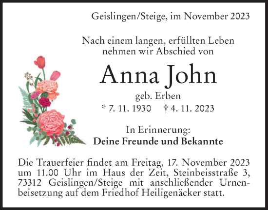 Traueranzeige von Anna John von Geislinger Zeitung