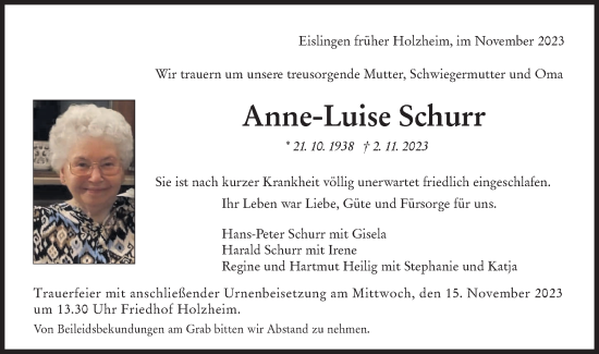 Traueranzeige von Anne-Luise Schurr von NWZ Neue Württembergische Zeitung