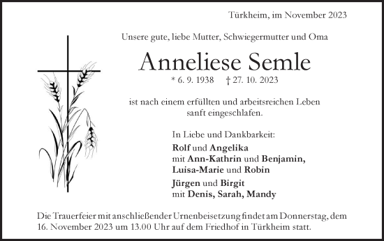 Traueranzeige von Anneliese Semle von Geislinger Zeitung