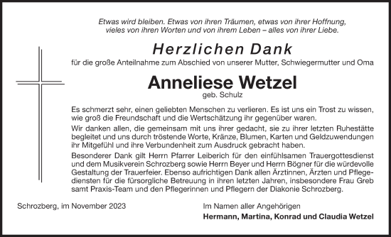 Traueranzeige von Anneliese Wetzel von Hohenloher Tagblatt