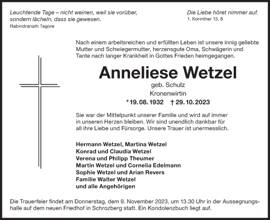 Traueranzeige von Anneliese Wetzel von Hohenloher Tagblatt