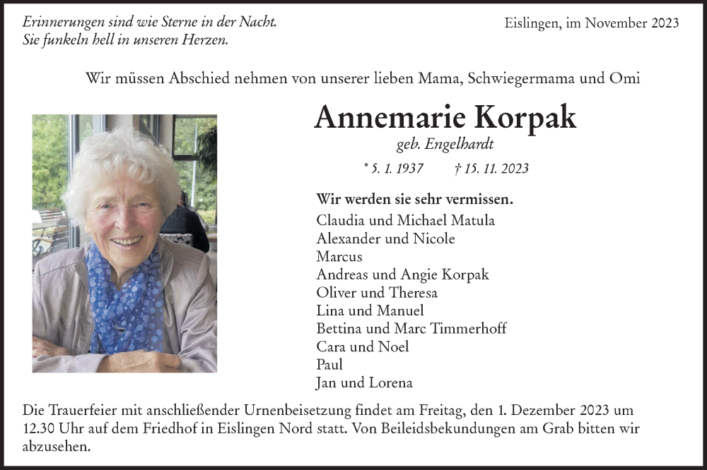  Traueranzeige für Annemarie Korpak vom 25.11.2023 aus NWZ Neue Württembergische Zeitung