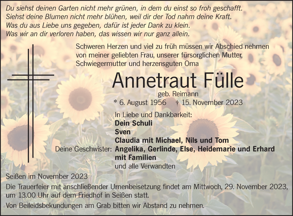  Traueranzeige für Annetraut Fülle vom 24.11.2023 aus SÜDWEST PRESSE Ausgabe Ulm/Neu-Ulm