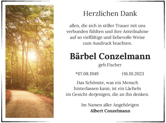 Traueranzeige von Bärbel Conzelmann von Hohenzollerische Zeitung