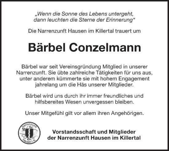 Traueranzeige von Bärbel Conzelmann von Hohenzollerische Zeitung