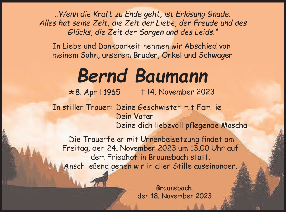  Traueranzeige für Bernd Baumann vom 18.11.2023 aus Haller Tagblatt