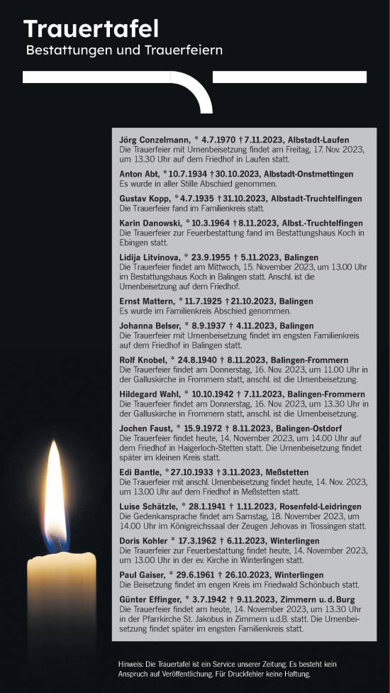 Traueranzeige von Bestattungen vom 14.11.2023 von Hohenzollerische Zeitung