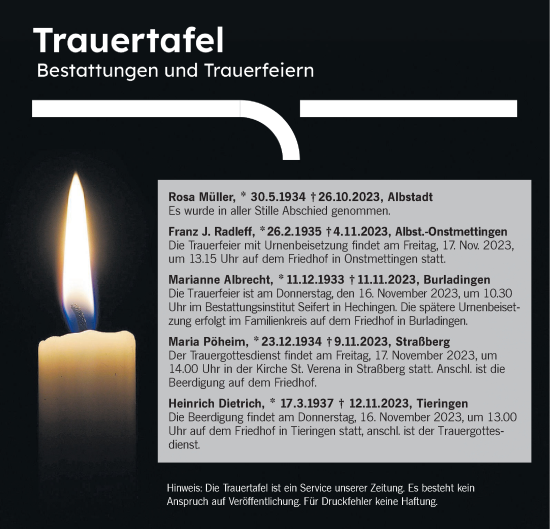 Traueranzeige von Bestattungen vom 15.11.2023 von Hohenzollerische Zeitung