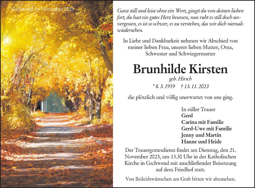  Traueranzeige für Brunhilde Kirsten vom 18.11.2023 aus Rundschau Gaildorf