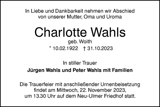 Traueranzeige von Charlotte Wahls von SÜDWEST PRESSE Ausgabe Ulm/Neu-Ulm