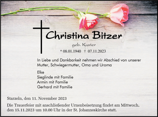 Traueranzeige von Christina Bitzer von Hohenzollerische Zeitung