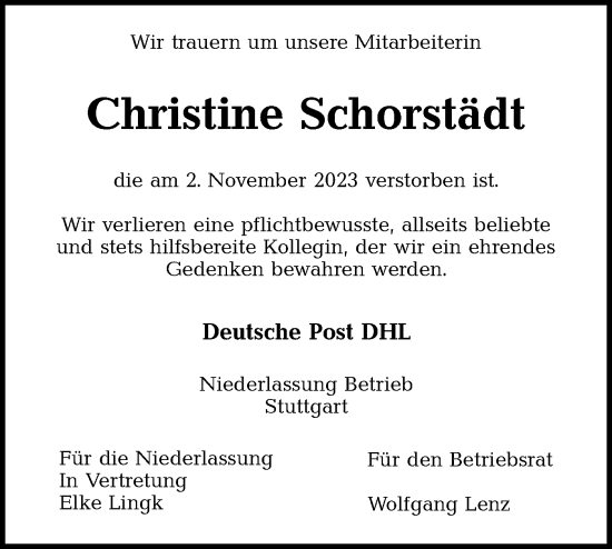 Traueranzeige von Christine Schorstädt von NWZ Neue Württembergische Zeitung