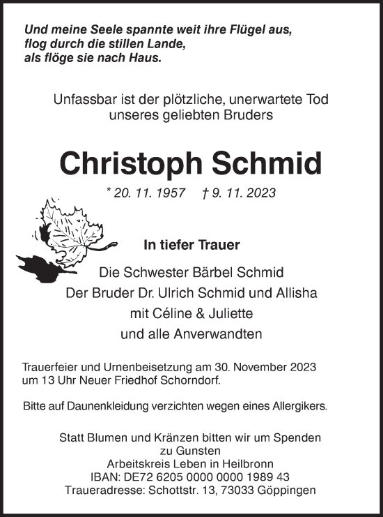 Traueranzeige von Christoph Schmid von NWZ Neue Württembergische Zeitung