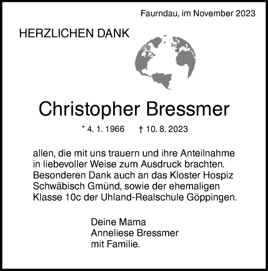 Traueranzeige von Christopher Bressmer von NWZ Neue Württembergische Zeitung