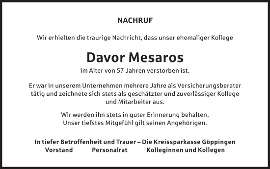 Traueranzeige von Davor Mesaros von NWZ Neue Württembergische Zeitung/Geislinger Zeitung