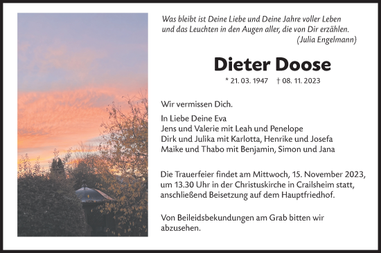 Traueranzeige von Dieter Doose von Hohenloher Tagblatt