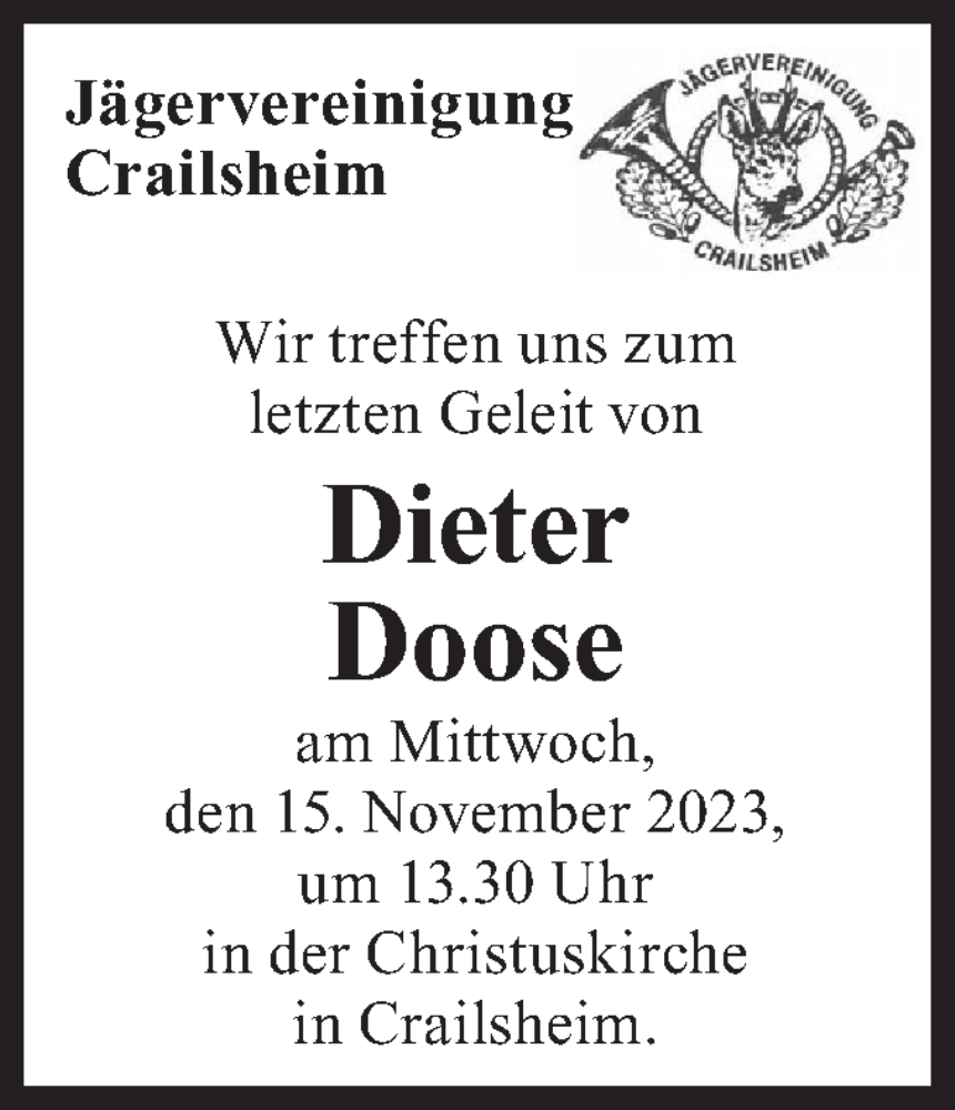  Traueranzeige für Dieter Doose vom 13.11.2023 aus Hohenloher Tagblatt