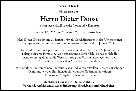 Traueranzeige von Dieter Doose von Hohenloher Tagblatt