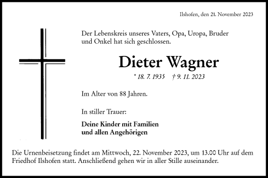 Traueranzeige von Dieter Wagner von Haller Tagblatt