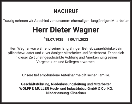 Traueranzeige von Dieter Wagner von Haller Tagblatt